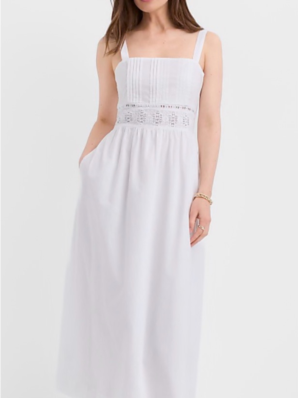 Lace Trim Pintucked Midi Pocket Dress